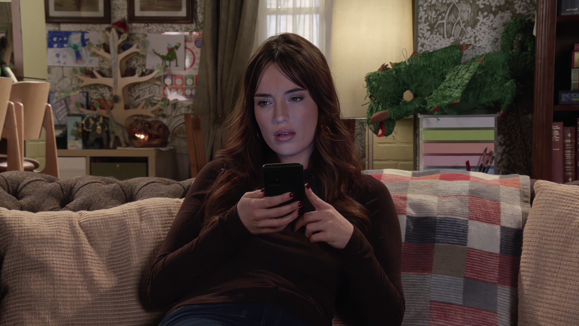 Jodie on phone in Coronation Street