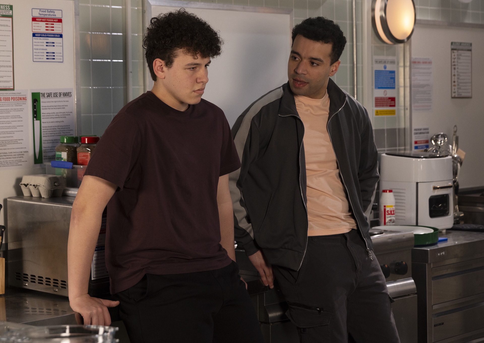Coronation Street's Will and Ollie talking in the kitchen